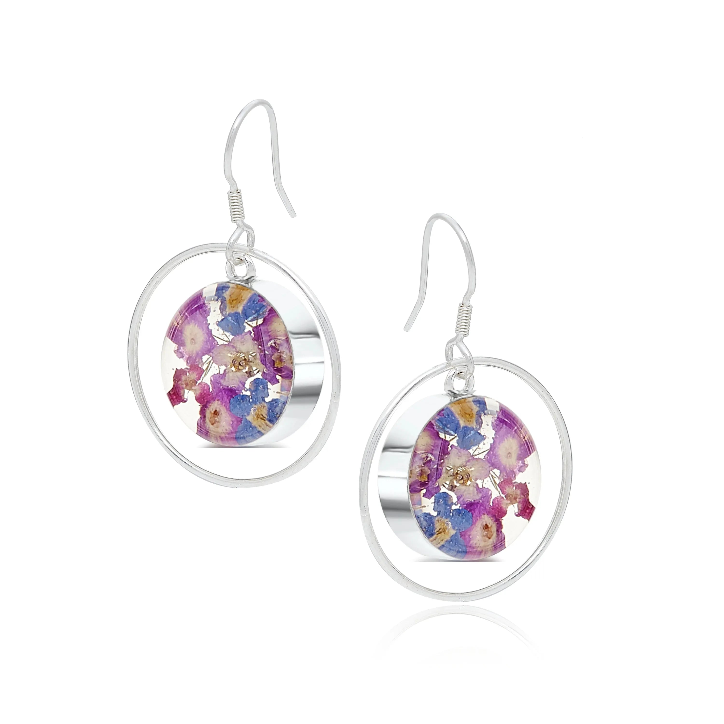 Orecchini a cerchio con fiori veri in argento sterling – Collezione Purple Haze