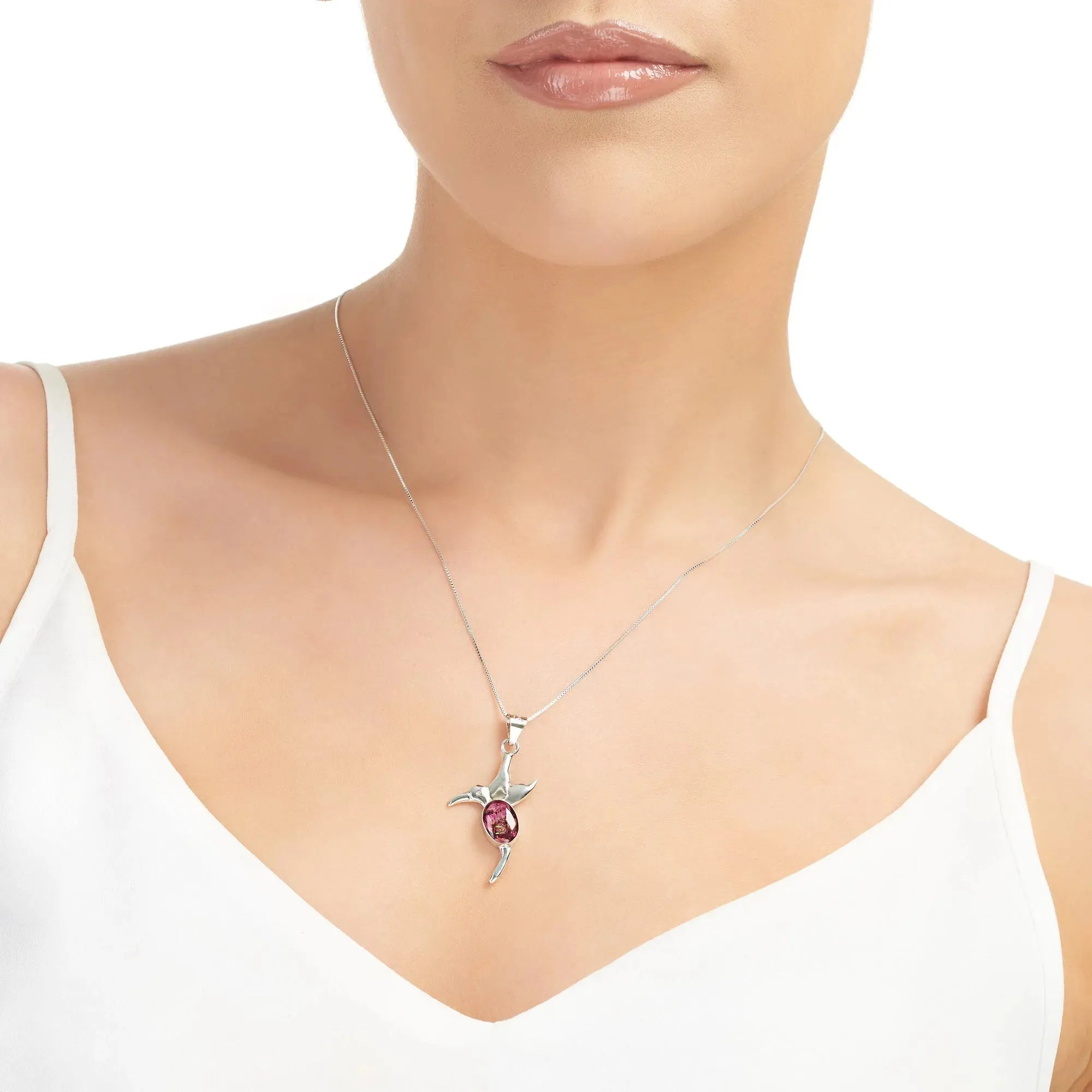 Sterling Silver Hummingbird Necklace with Real Heather Flowers