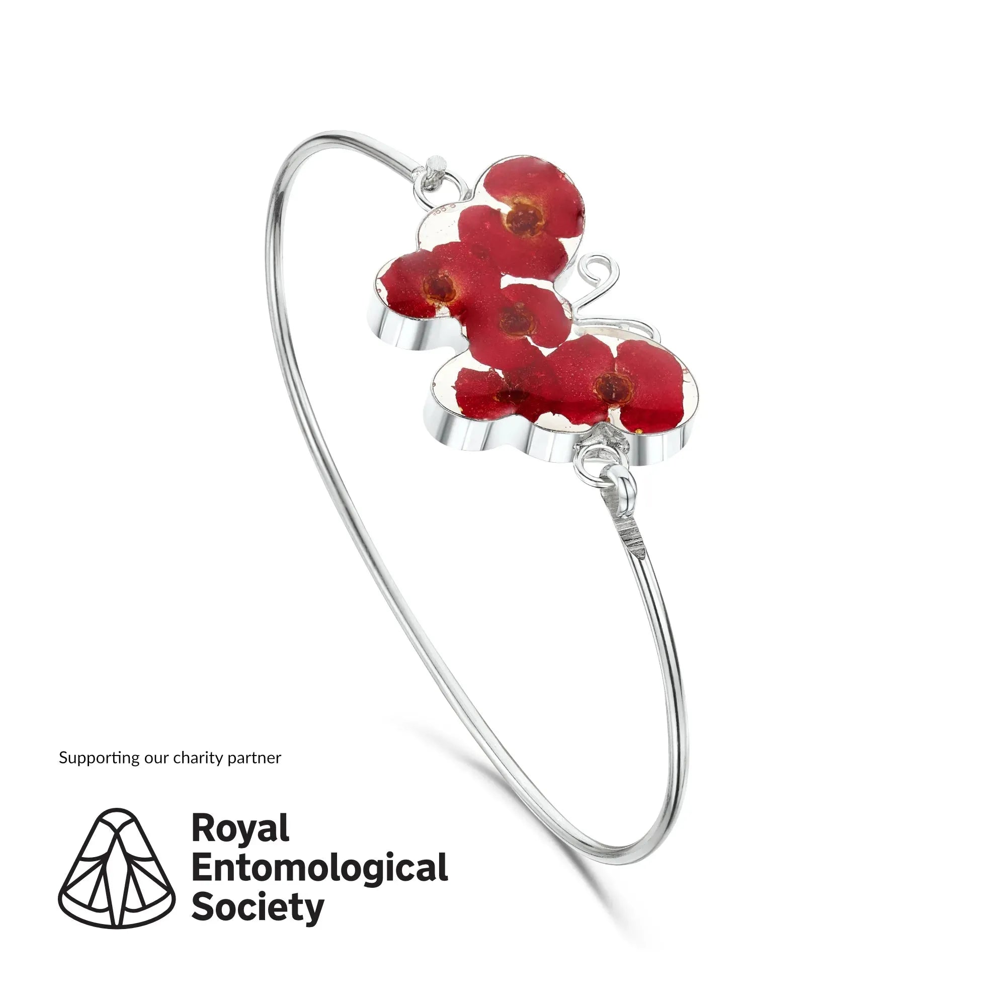 Bracciale a farfalla papavero con fiori veri di Shrieking Violet® Bracciale a farfalla in argento sterling. Include scatola regalo.