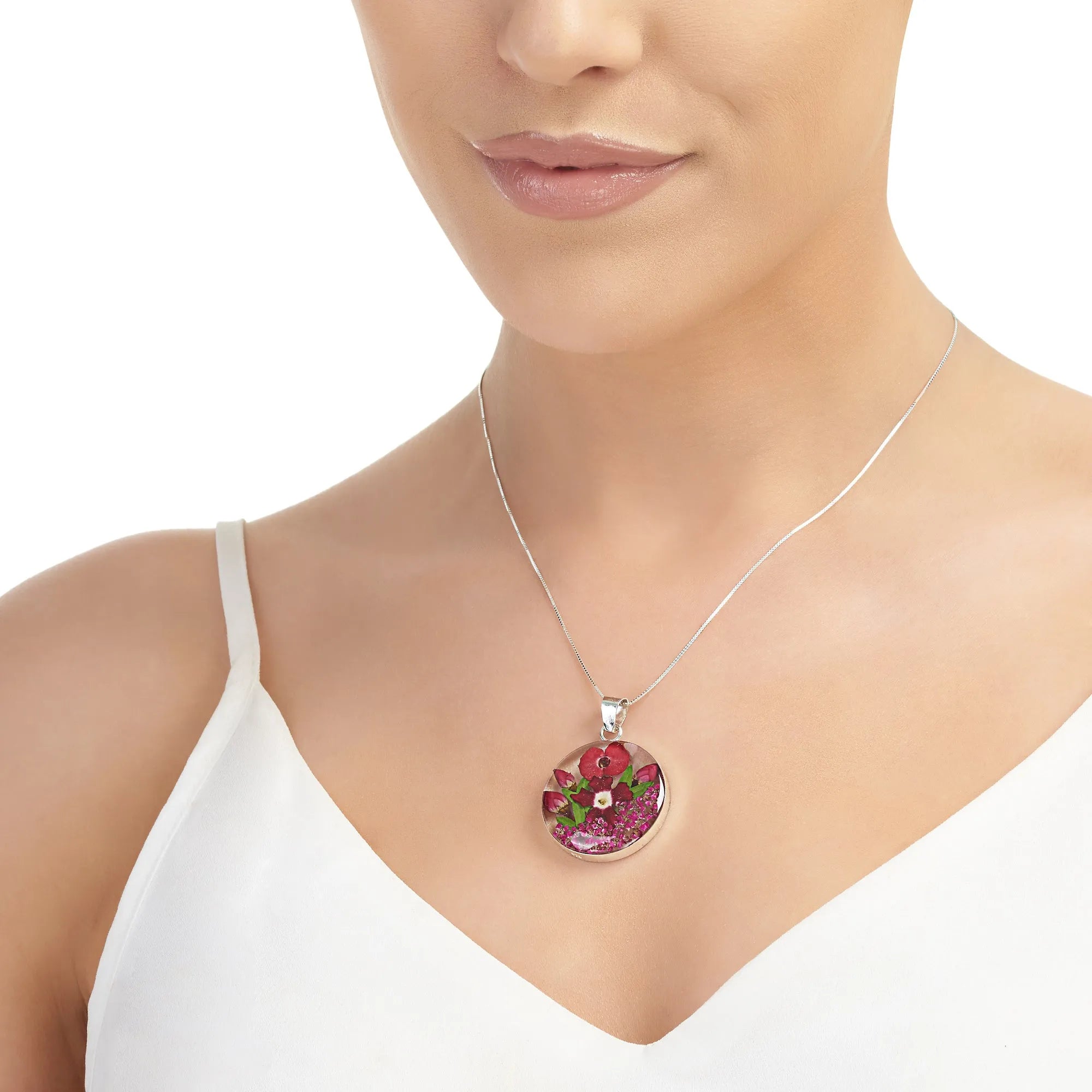 Large Round Pendant with Real Red & Purple Flowers | Silver