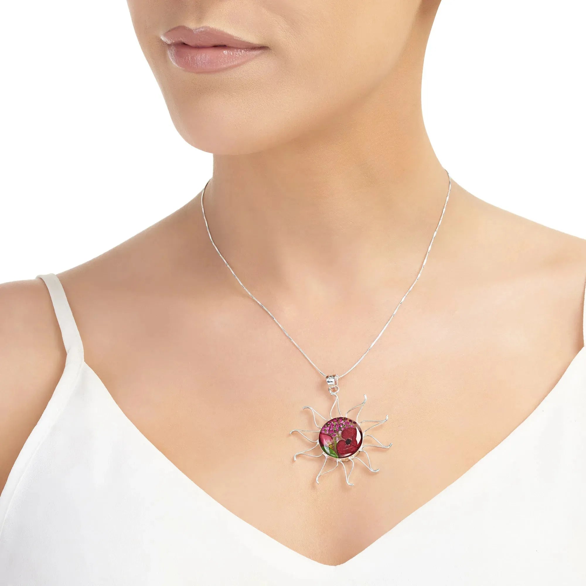Sun necklace handmade with real flowers by Shrieking Violet - Poppy & Rose