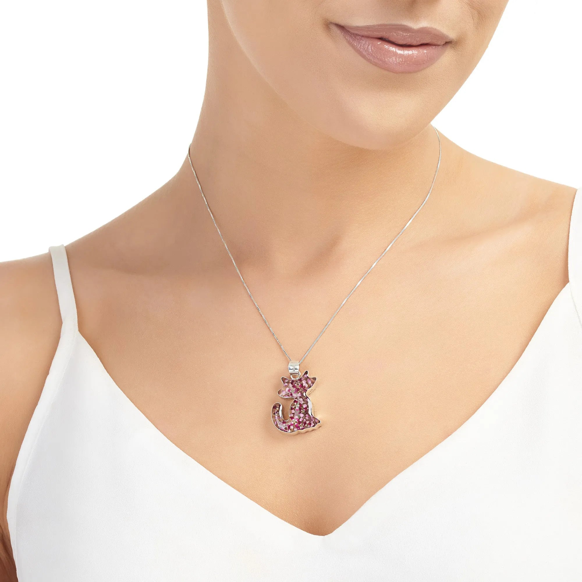 Cat Pendant Necklace with Real Pink Flowers – Sterling Silver