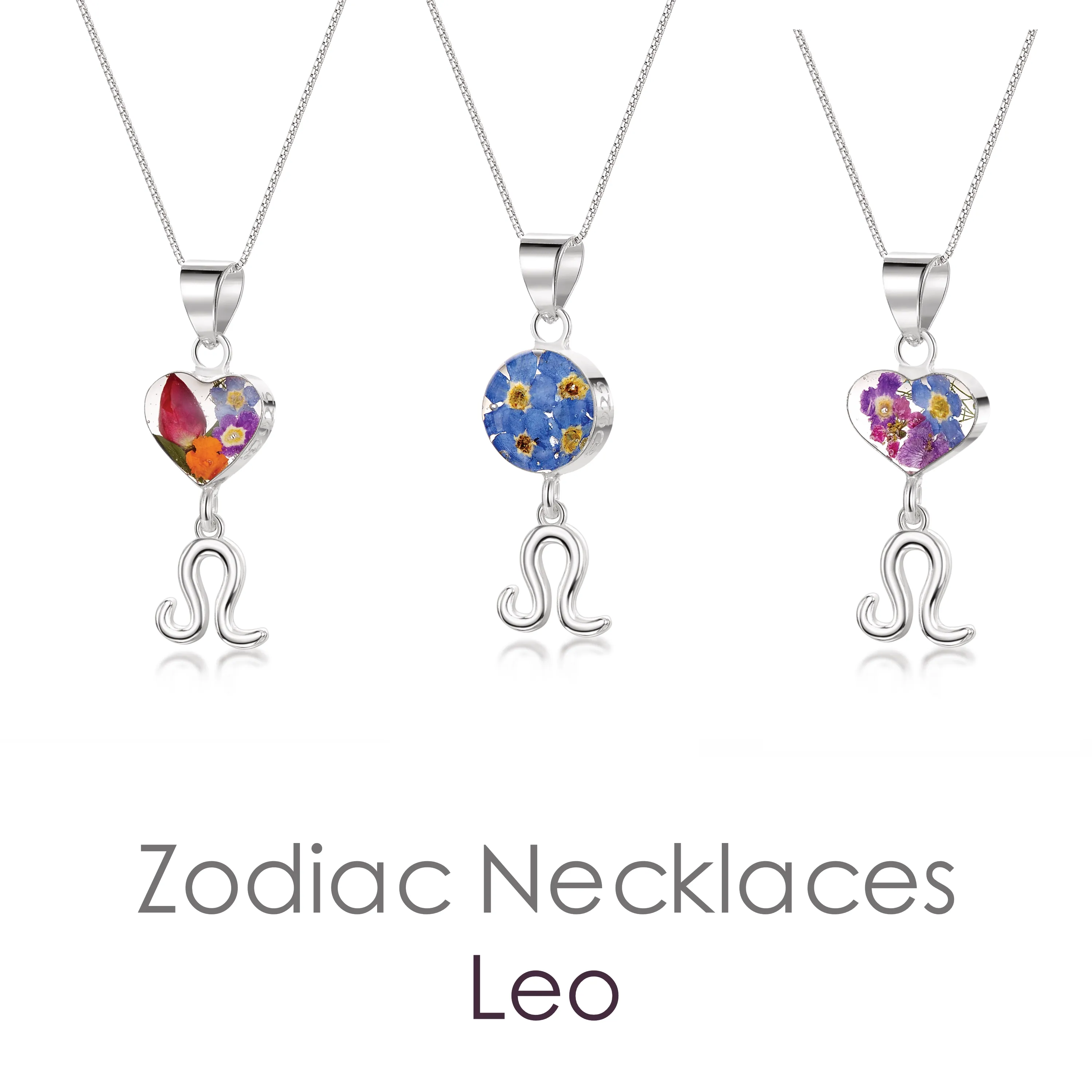 Colar Leo - Pingente de prata esterlina com flores reais e pingente do zodíaco.   Mais opções...