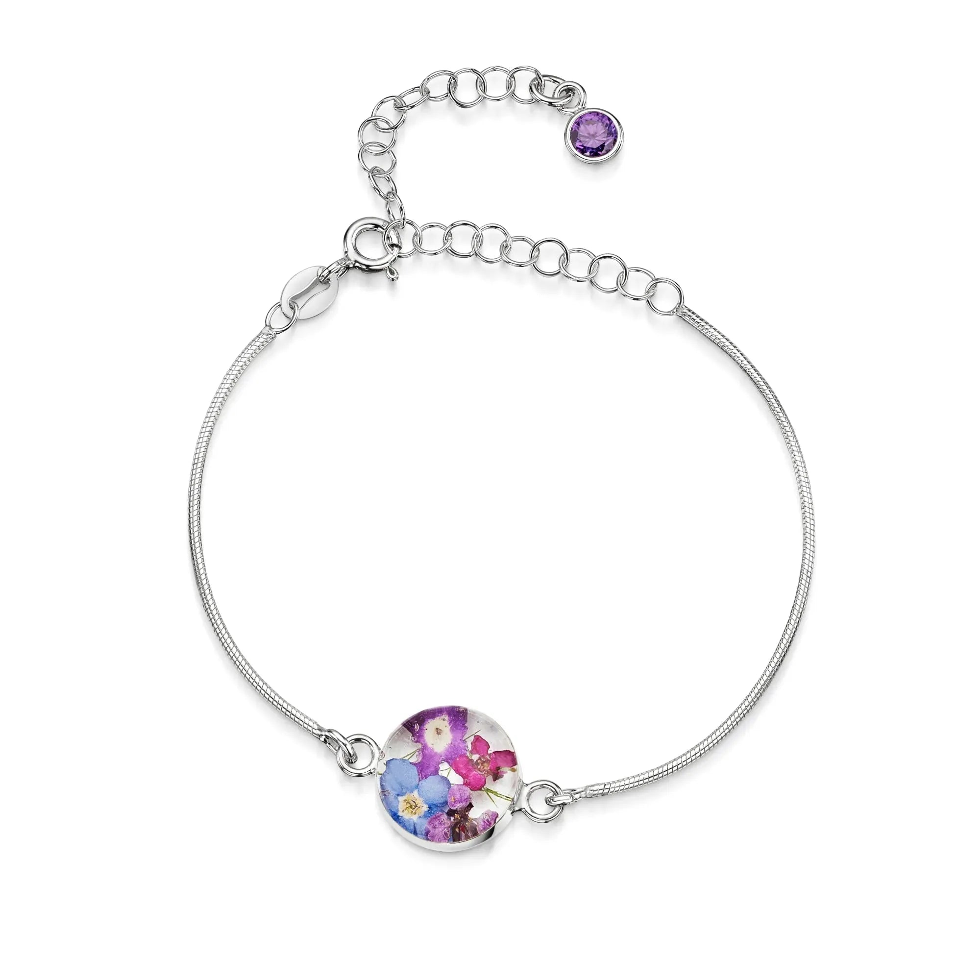 Pulseiras personalizadas de flores com pedra do mês em prata esterlina | Violeta Gritante®