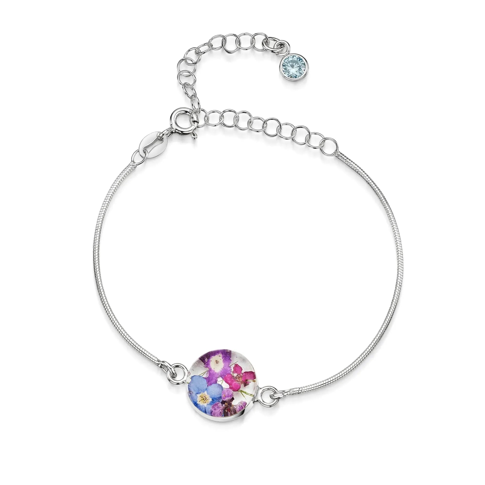 Pulseiras personalizadas de flores com pedra do mês em prata esterlina | Violeta Gritante®