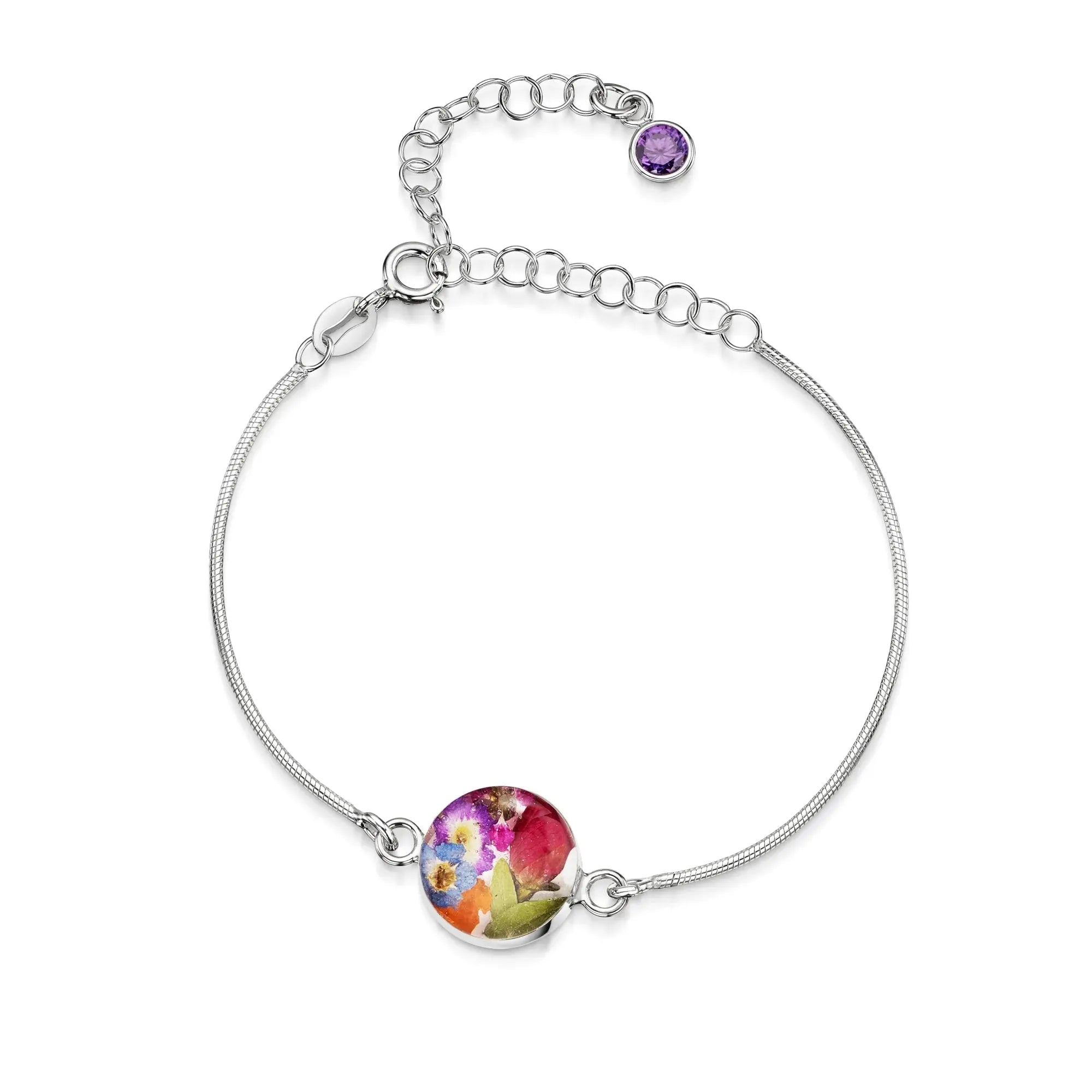 Pulseiras personalizadas de flores com pedra do mês em prata esterlina | Violeta Gritante®