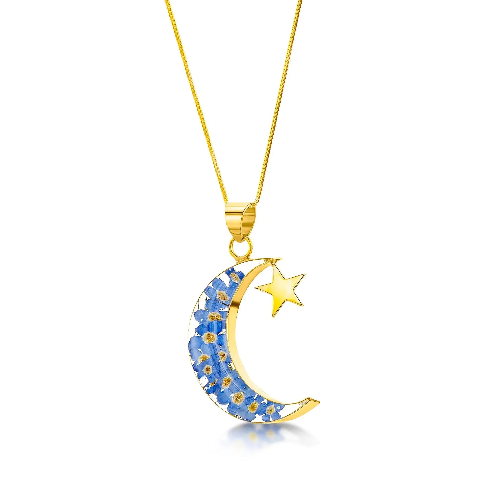 月と星のネックレス - 本物のワスレナグサをあしらったスターリングシルバーのペンダント