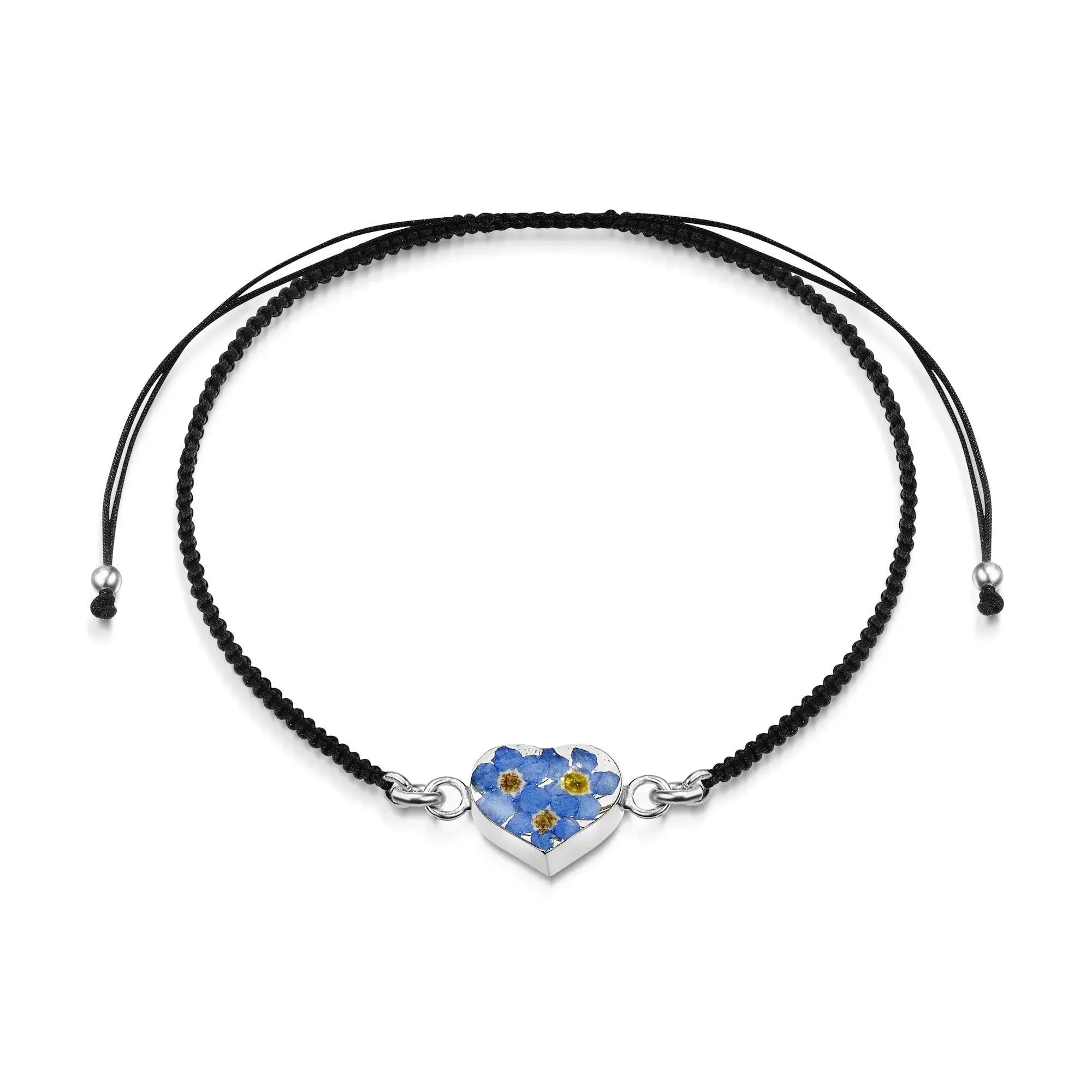Sterling Silver black woven bracelet with flower charm - Forget-me-not - Heart