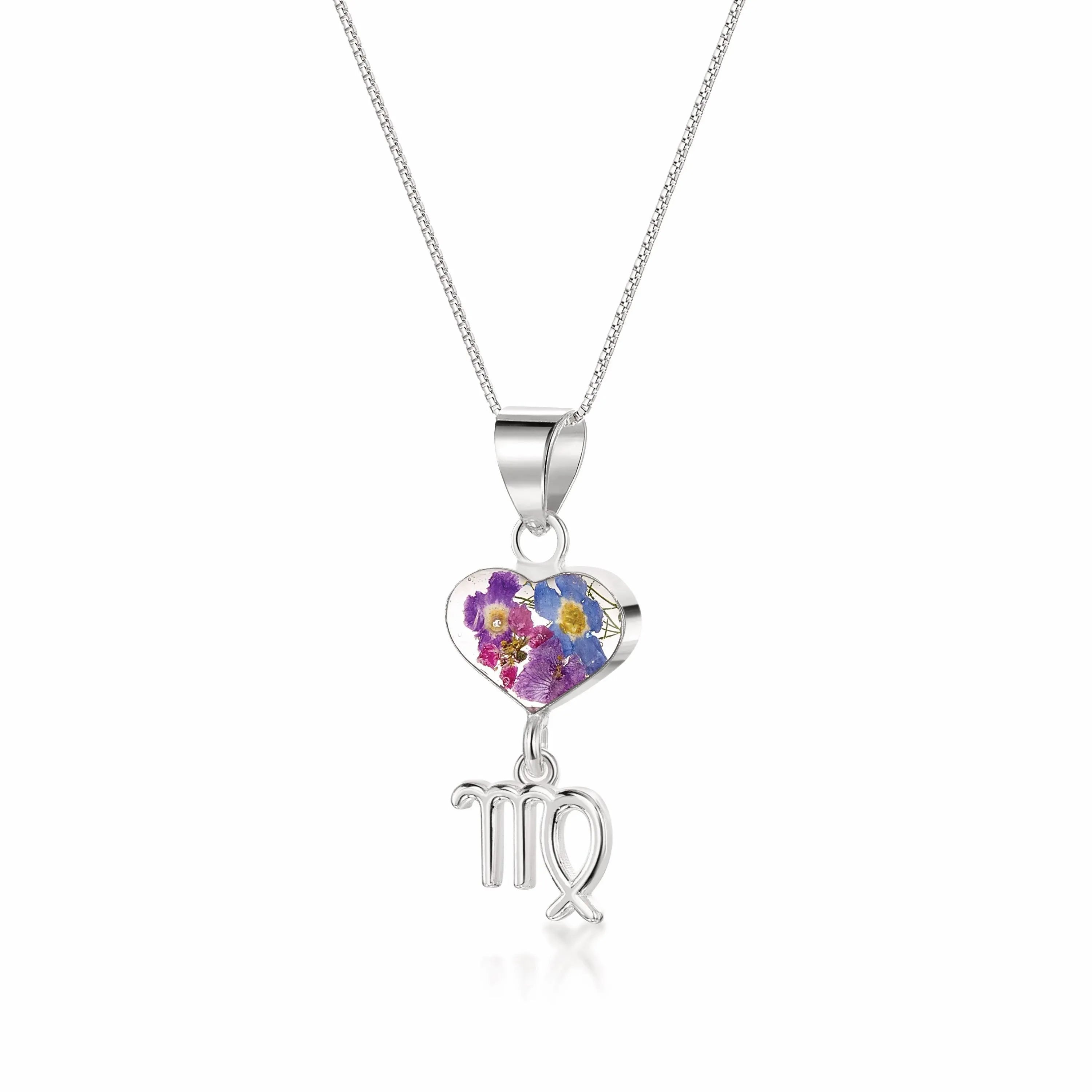 Virgo Necklace - Sterling silver pendant with real flowers & a zodiac charm. More Options...