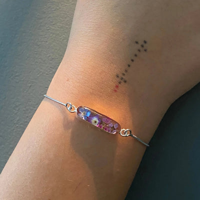 Pulseira cobra antimanchas em prata esterlina com pingente de flor - Purple Haze -Oval