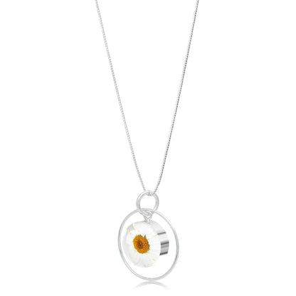 Real White Daisy Hanger Ketting – Sterling Zilveren Cirkel Hanger