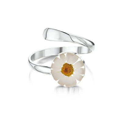 Verstellbarer Gänseblümchen-Blumenring aus Sterlingsilber | Handgemachte echte Blumen