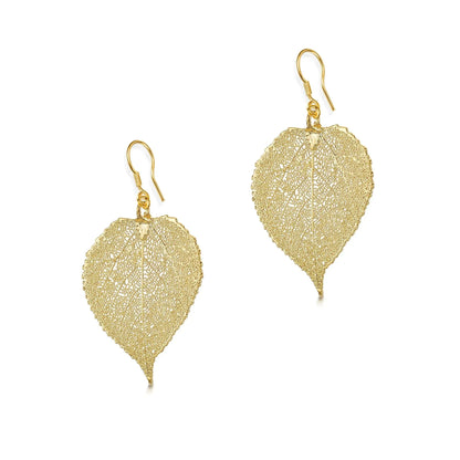 Pendientes de hoja de álamo auténtica bañados en oro: joyería natural hecha a mano