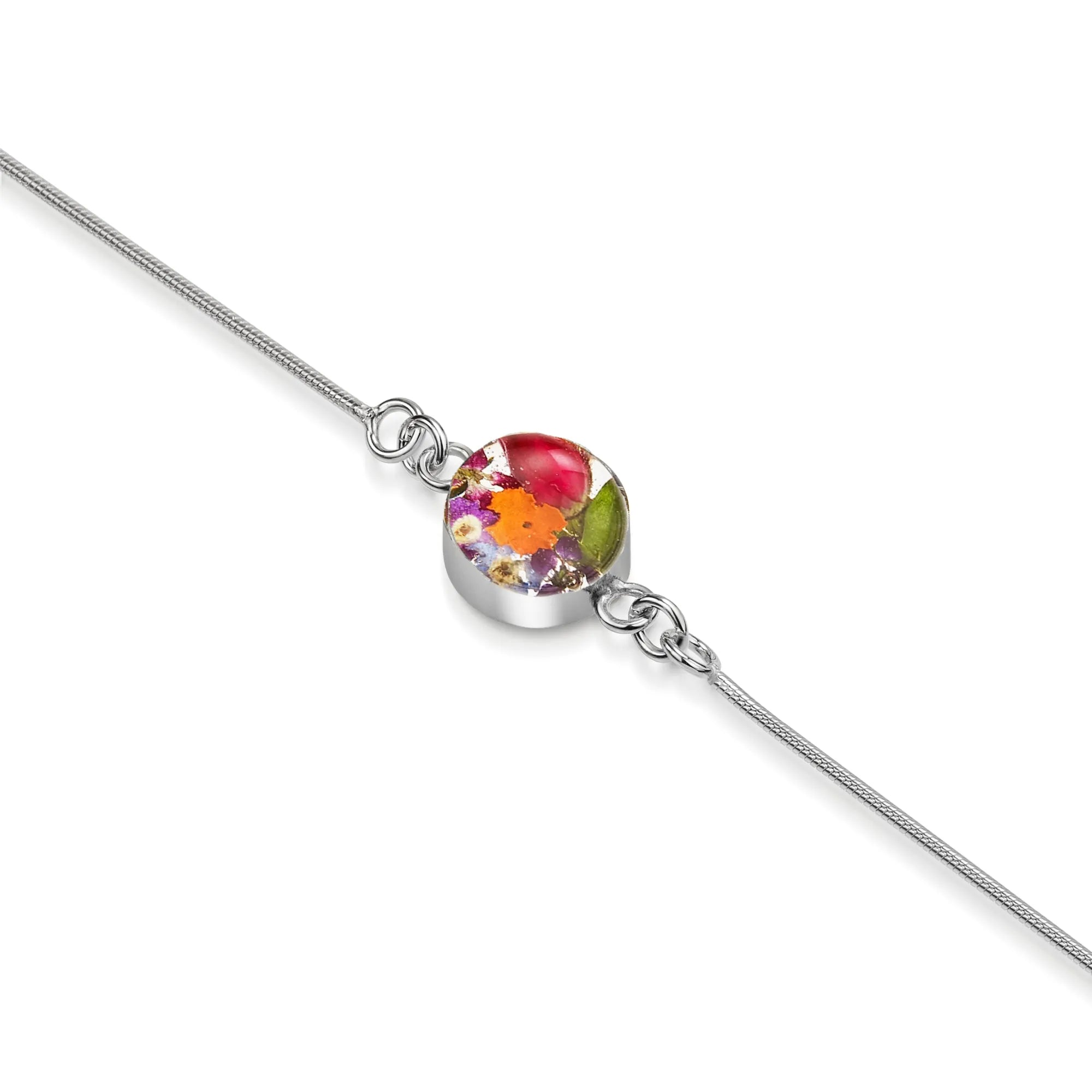 Pulseira de Corrente de Cobra em Prata Esterlina com Flores Reais – Joias Botânicas Feitas à Mão