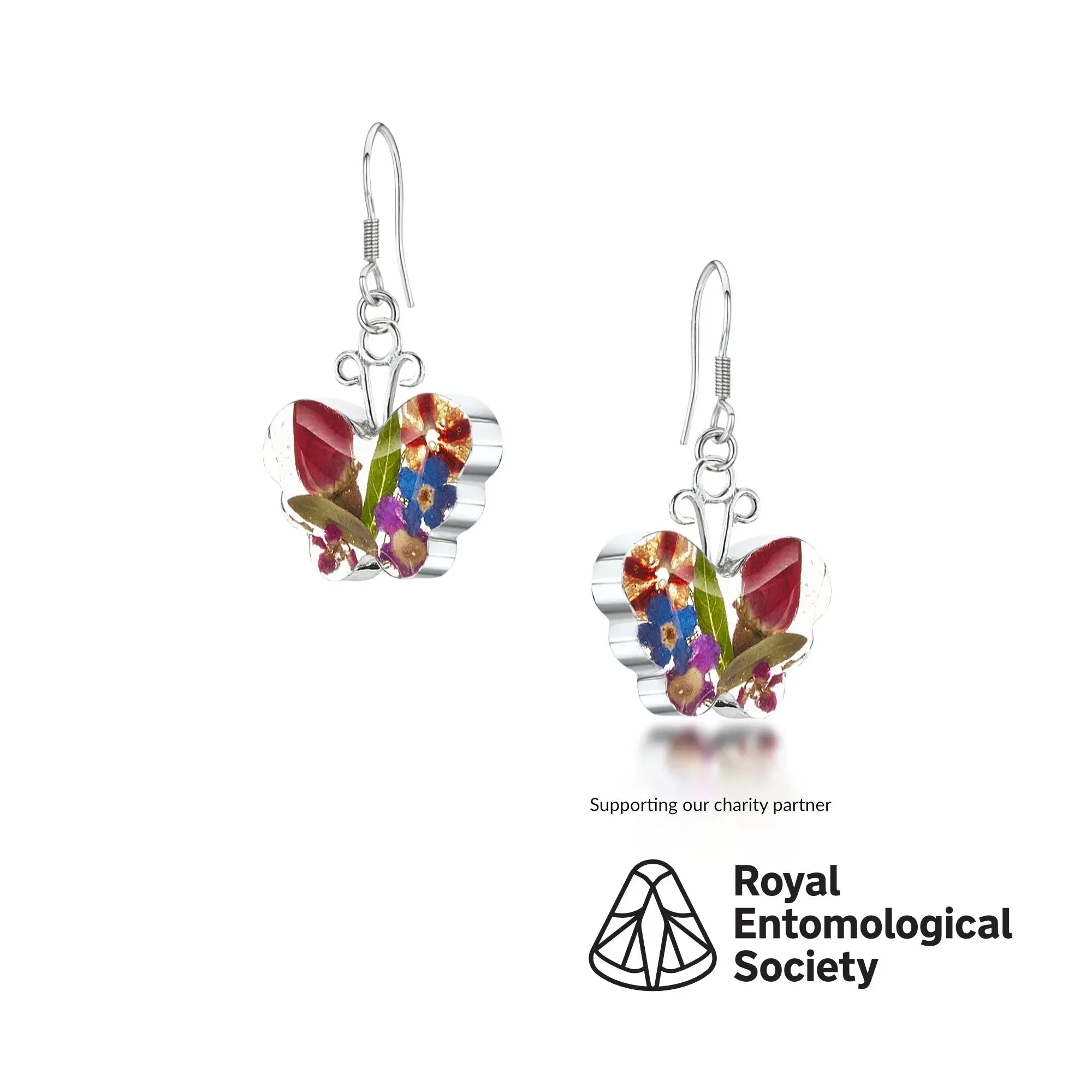 Butterfly earrings by Shrieking Violet® Sterling silver dangle drop earrings with real flowers. Ideal jewellery gift for butterfly lover.