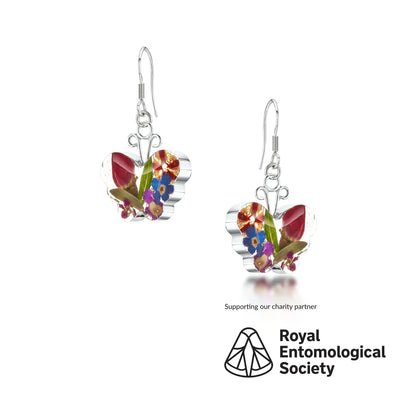 Orecchini a farfalla di Shrieking Violet® Orecchini pendenti in argento sterling con fiori veri. Regalo di gioielleria ideale per gli amanti delle farfalle.