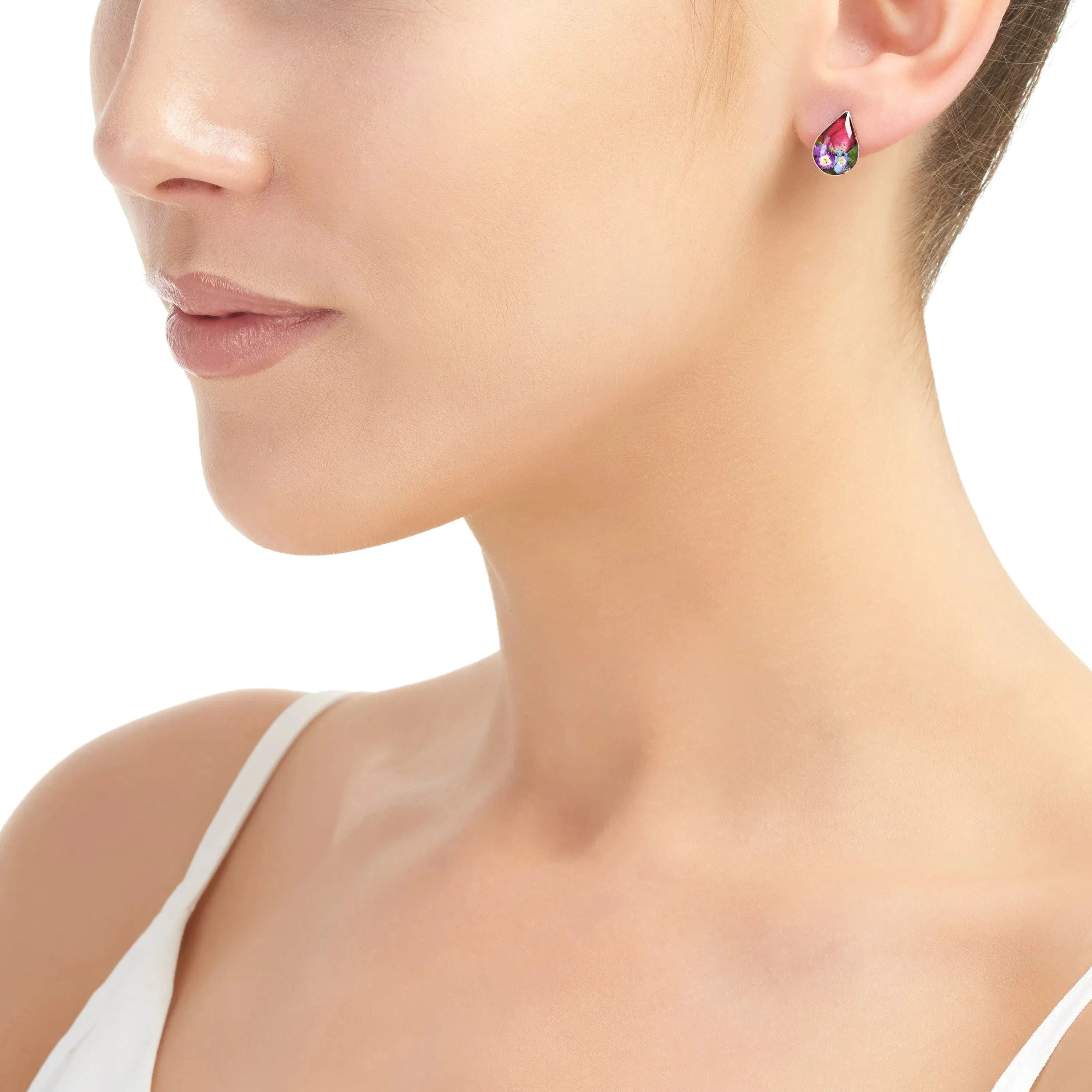 Oorbellen met druppelvormige studs van sterling zilver met echte bloemen