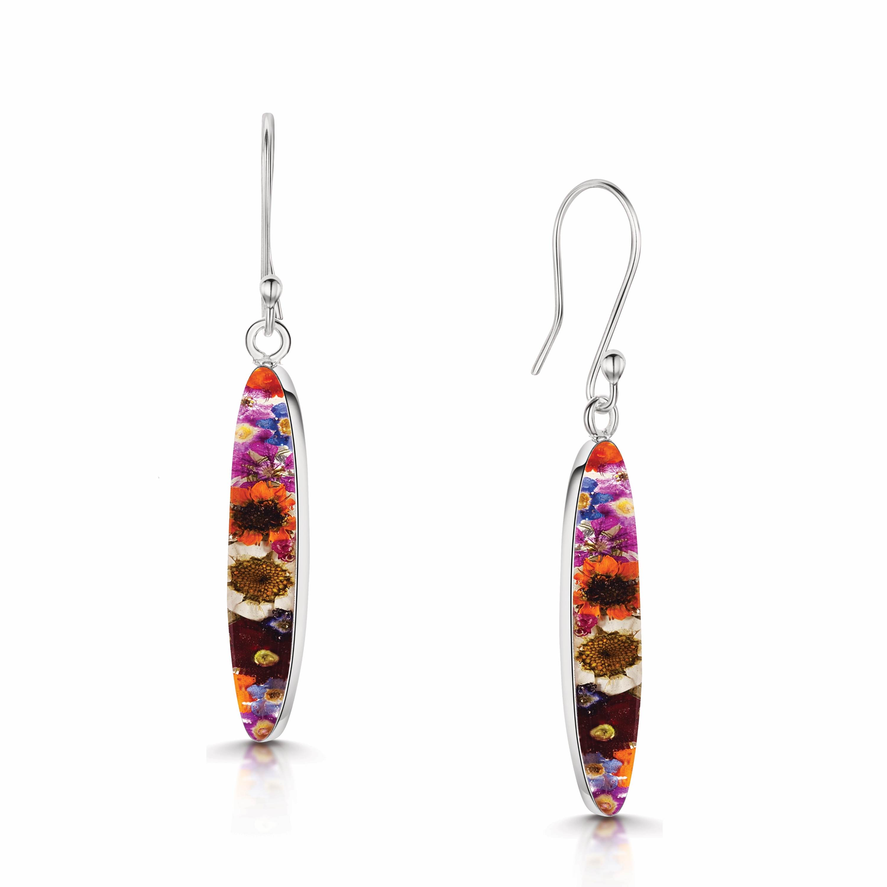 Mixed Flower Long Drop Earrings in Sterling Silver – Handmade with Real Flowers