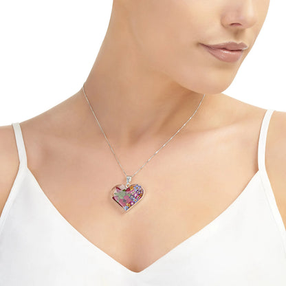 Shrieking Violet® के असली फूलों से बना असली फूलों वाला दिल हार, स्टर्लिंग सिल्वर पेंडेंट हाथ से बना