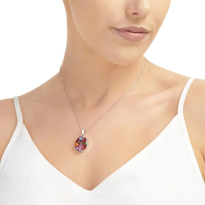 Colar de flores reais. Pingente oval em prata esterlina para jardineiro, florista e amantes da natureza