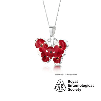 قلادة فراشة الخشخاش من Shrieking Violet® قلادة فضة استرلينية مصنوعة يدوياً مع أزهار Euphorbia milii الحقيقية. هدية مجوهرات لعشاق الفراشات