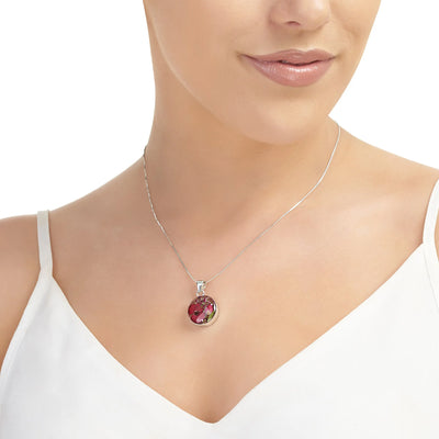 带有真实大戟花的小圆形吊坠 – 银色