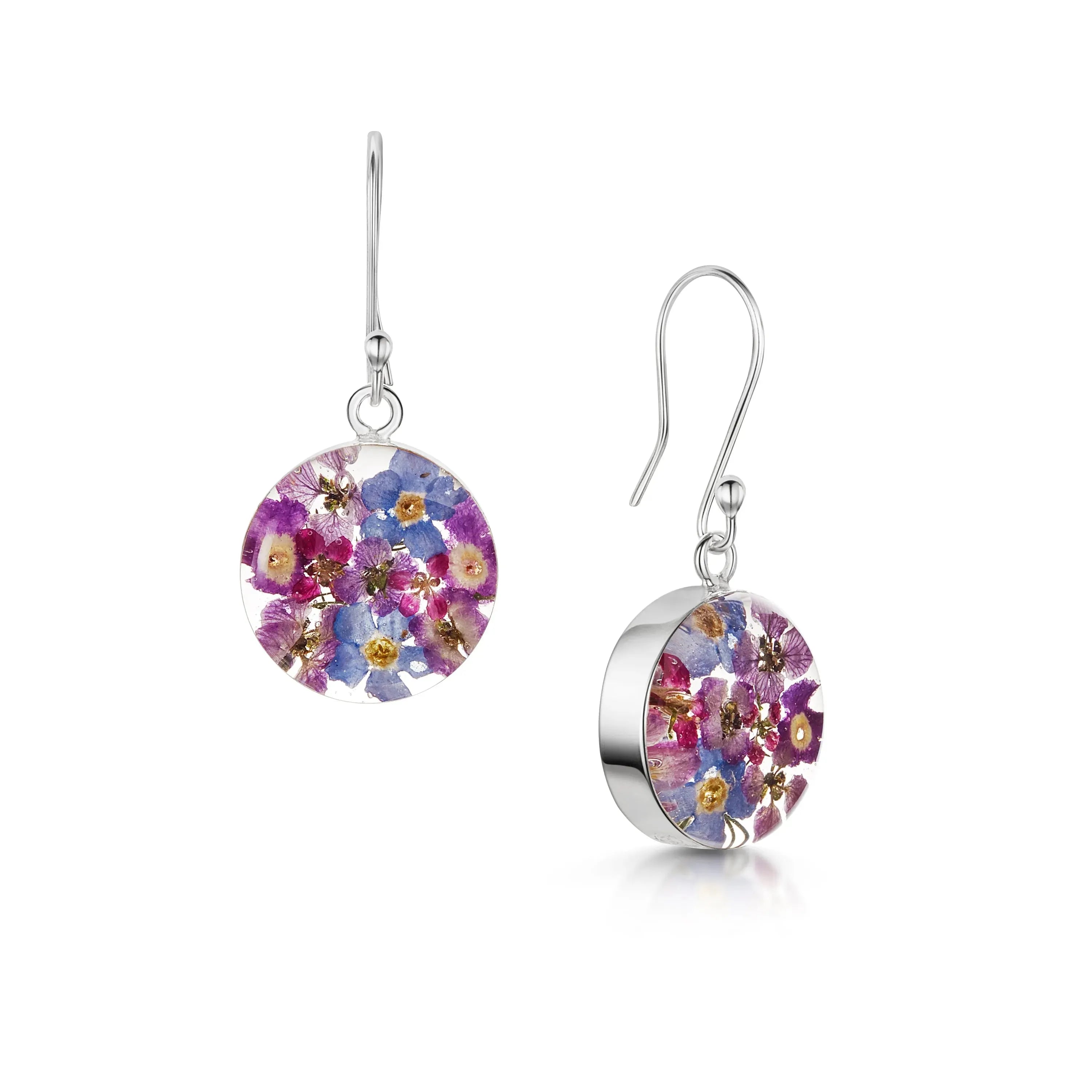 Orecchini a goccia con fiore viola in argento sterling – fatti a mano con fiori veri