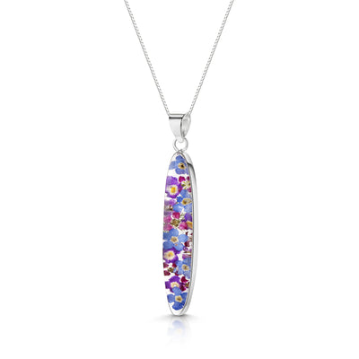 Ciondolo ovale lungo Purple Haze con fiori veri in argento sterling