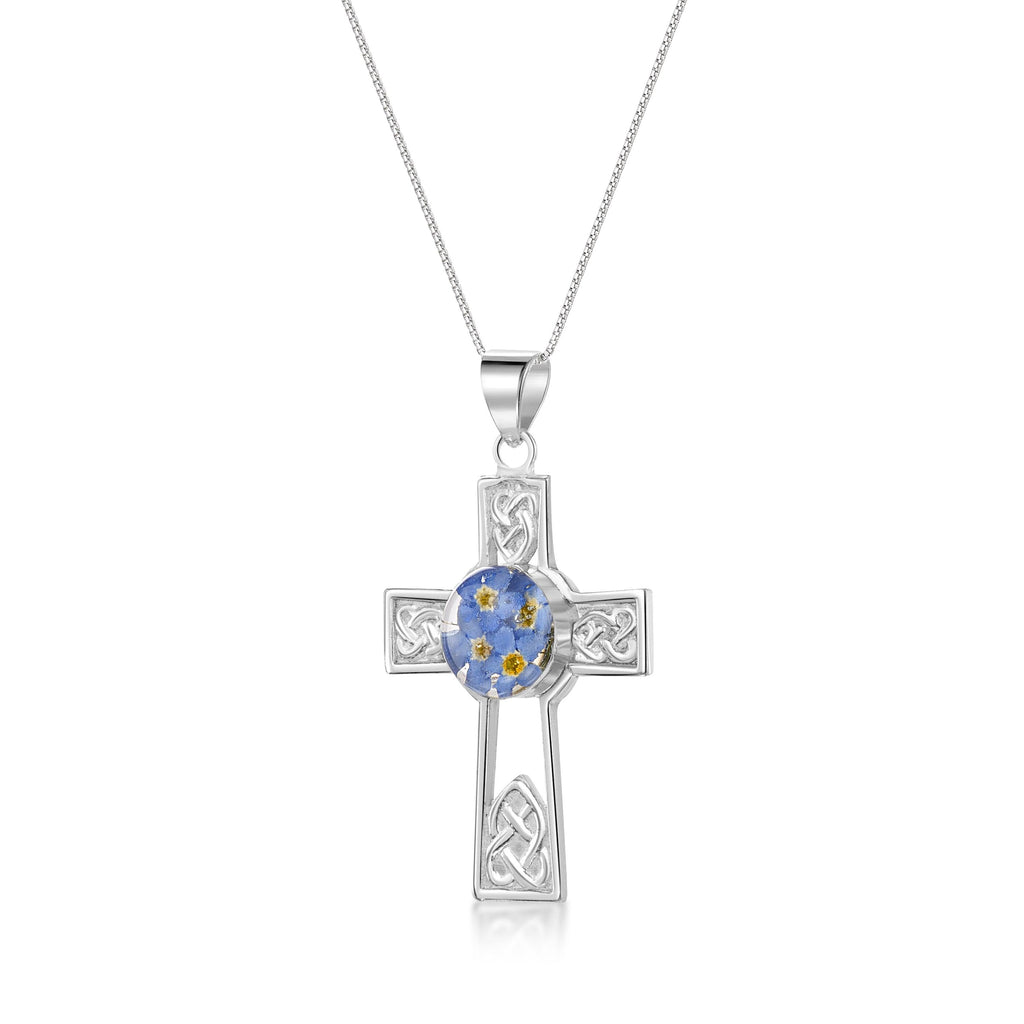 Celtic cross necklace by Shrieking Violet® Sterling silver chain & cross pendant with real forget-me-nots. Perfect Mothers day or bridesmaids gift.