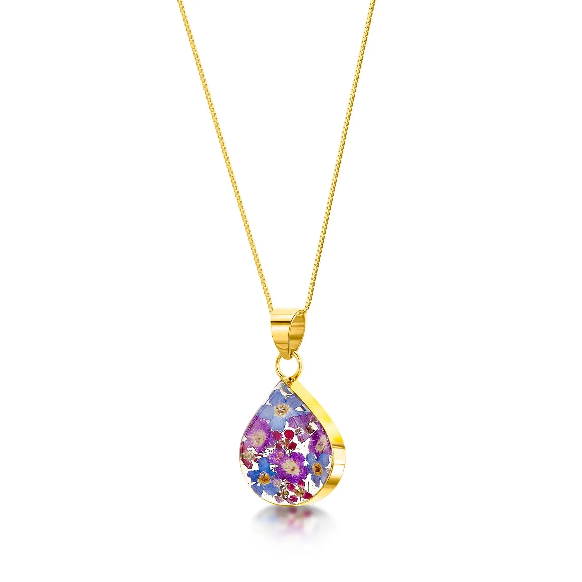 スターリングシルバー パープルヘイズ ミディアム ティアドロップ ペンダント - 本物の花を使った手作り