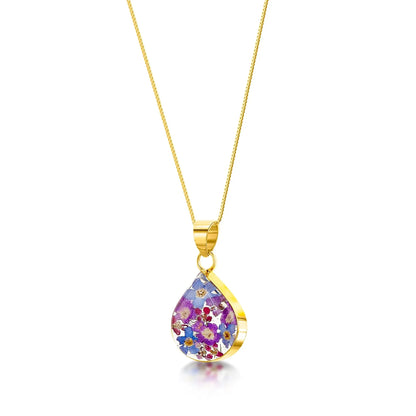 スターリングシルバー パープルヘイズ ミディアム ティアドロップ ペンダント - 本物の花を使った手作り