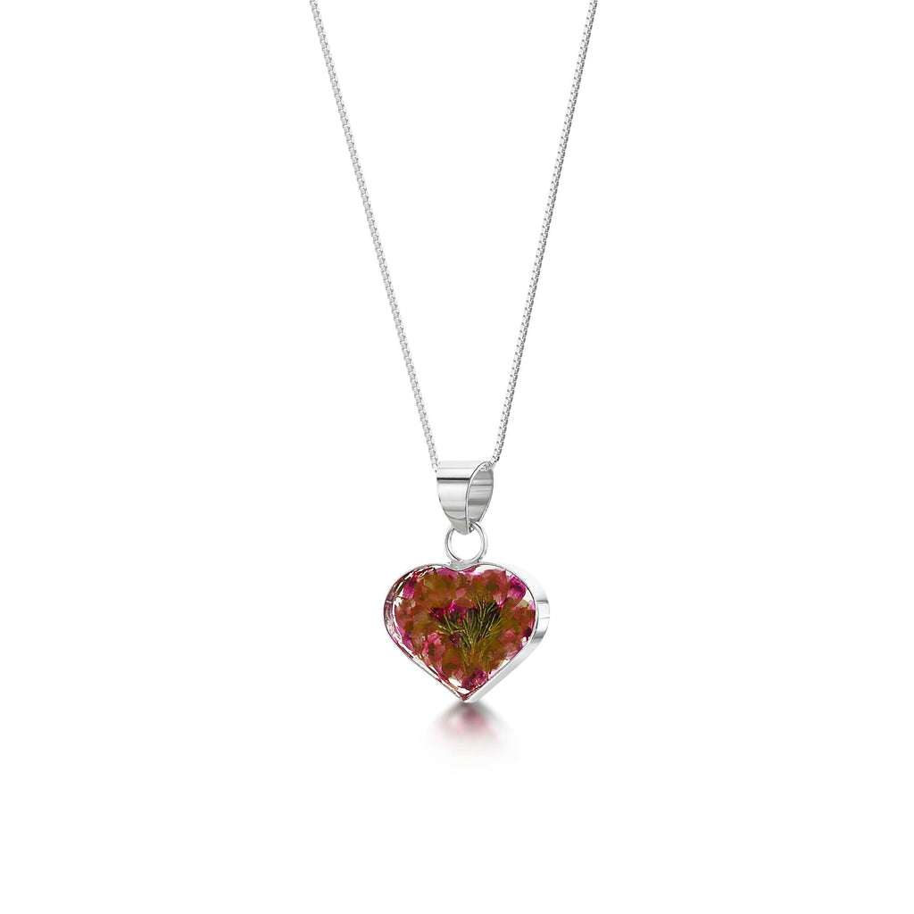 Handmade Small Heart Heather Sterling Silver Necklace - Real Flowers