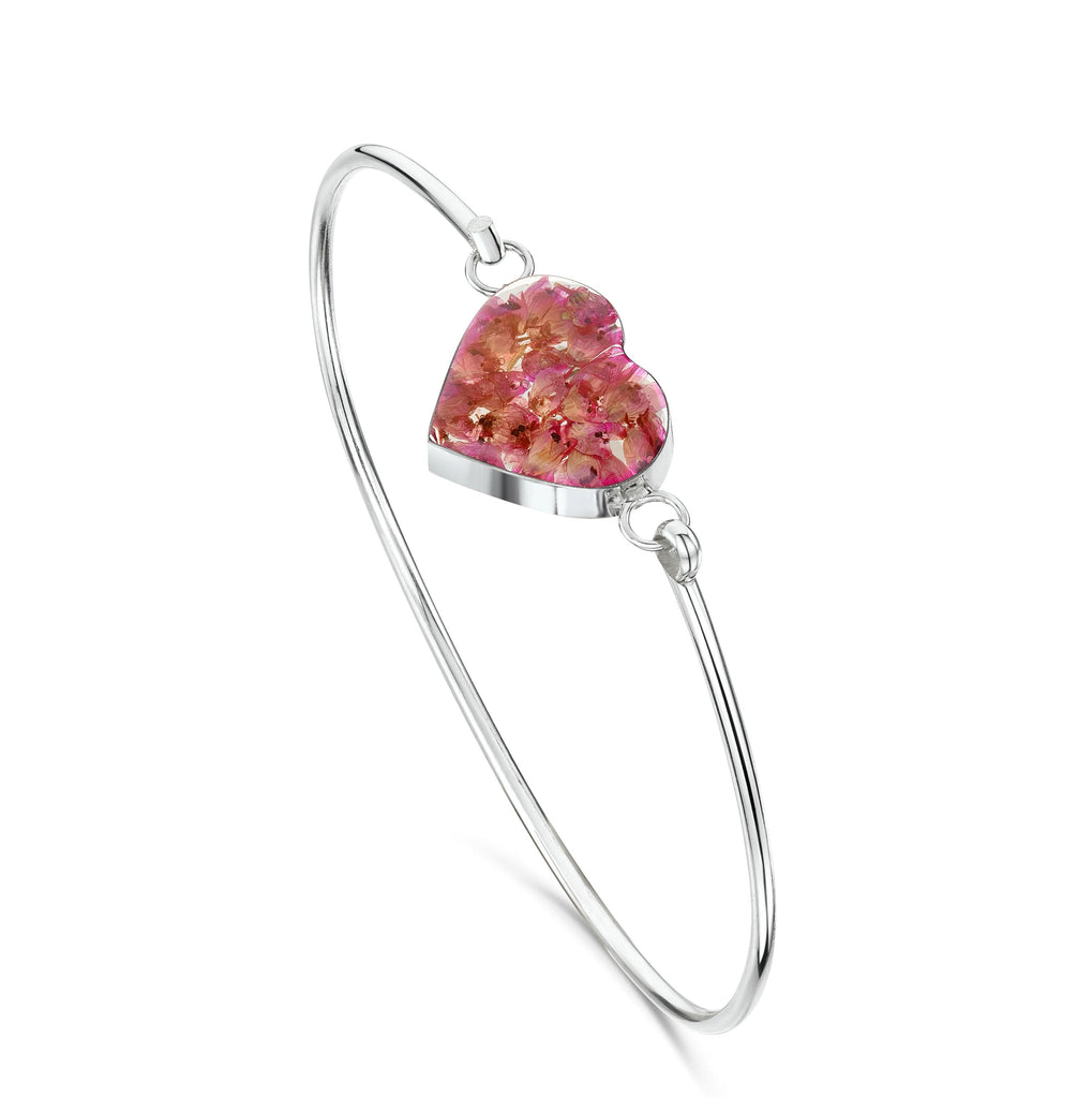 Heather bangle with real flowers by Shrieking Violet® Sterling silver heart with pink heather flowers. Perfect good luck gift.