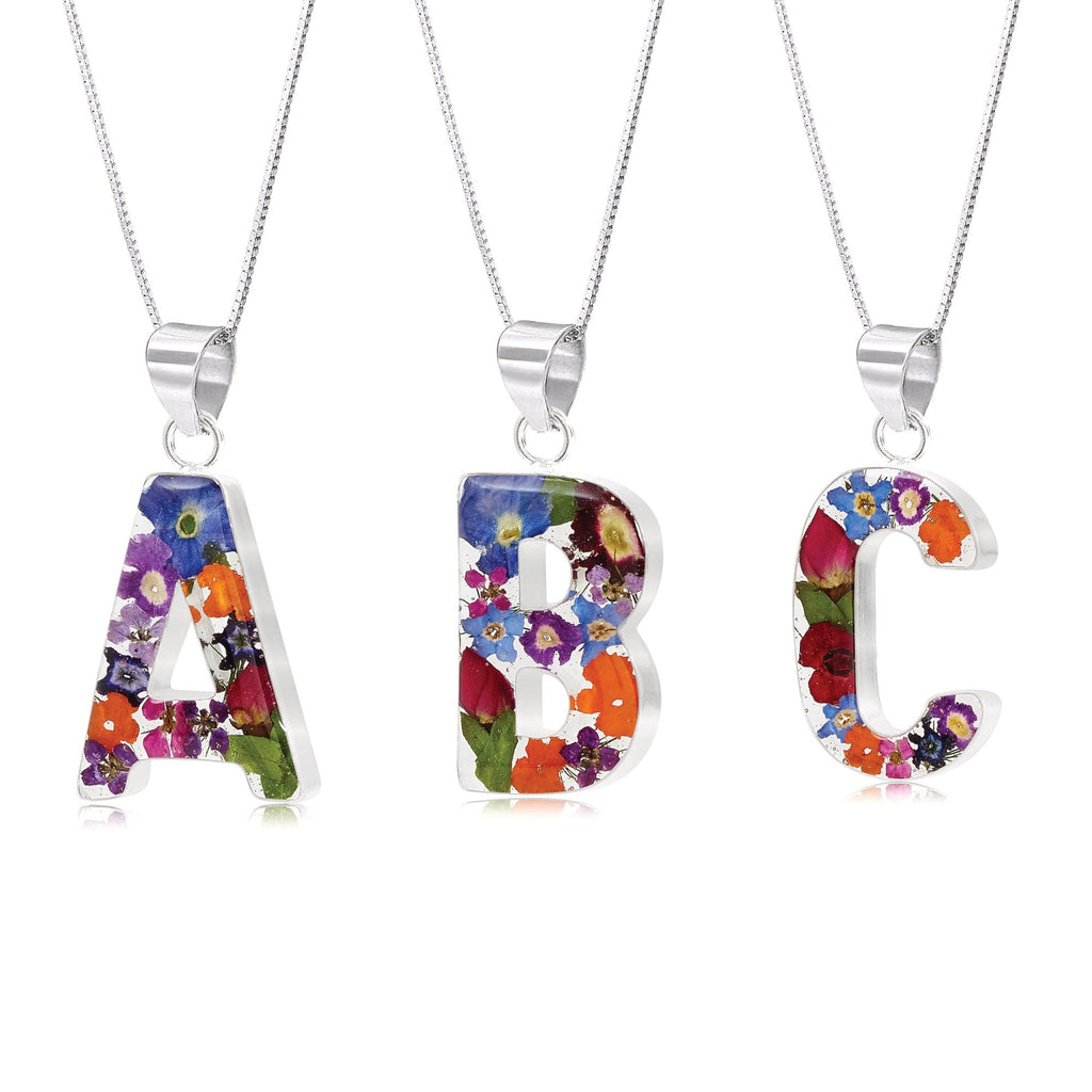 Initial necklace, Sterling silver Letters handmade with real Flowers. Perfect birthday gift