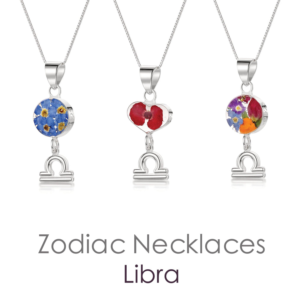 Libra Necklace - Sterling silver pendant with real flowers & a zodiac charm. More Options...