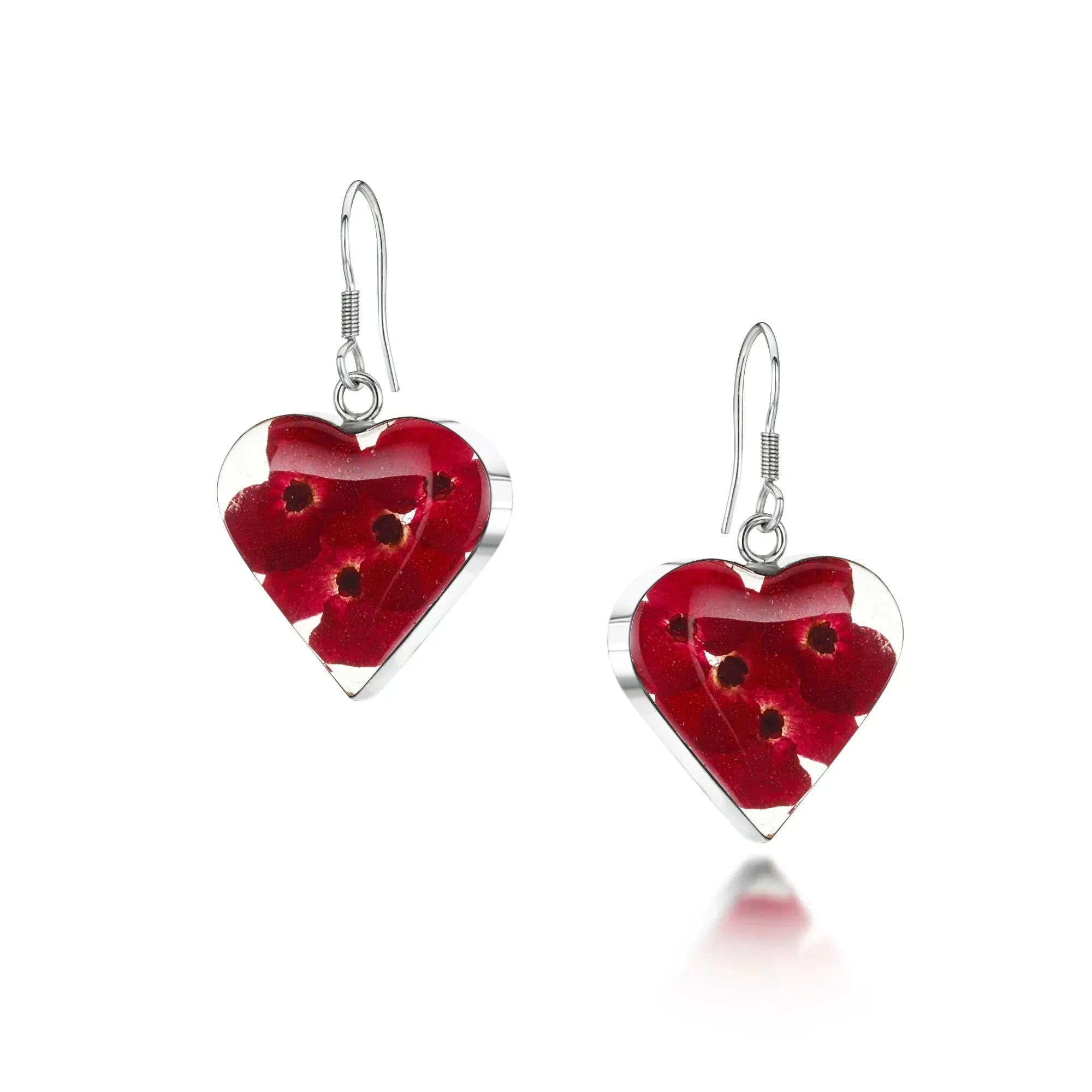 Boucles d'oreilles Poppy par Shrieking Violet® Boucles d'oreilles pendantes en argent sterling en forme de cœur avec de vraies fleurs