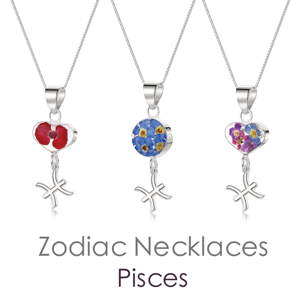 Pisces Necklace - Sterling silver pendant with real flowers & a zodiac charm More Options...
