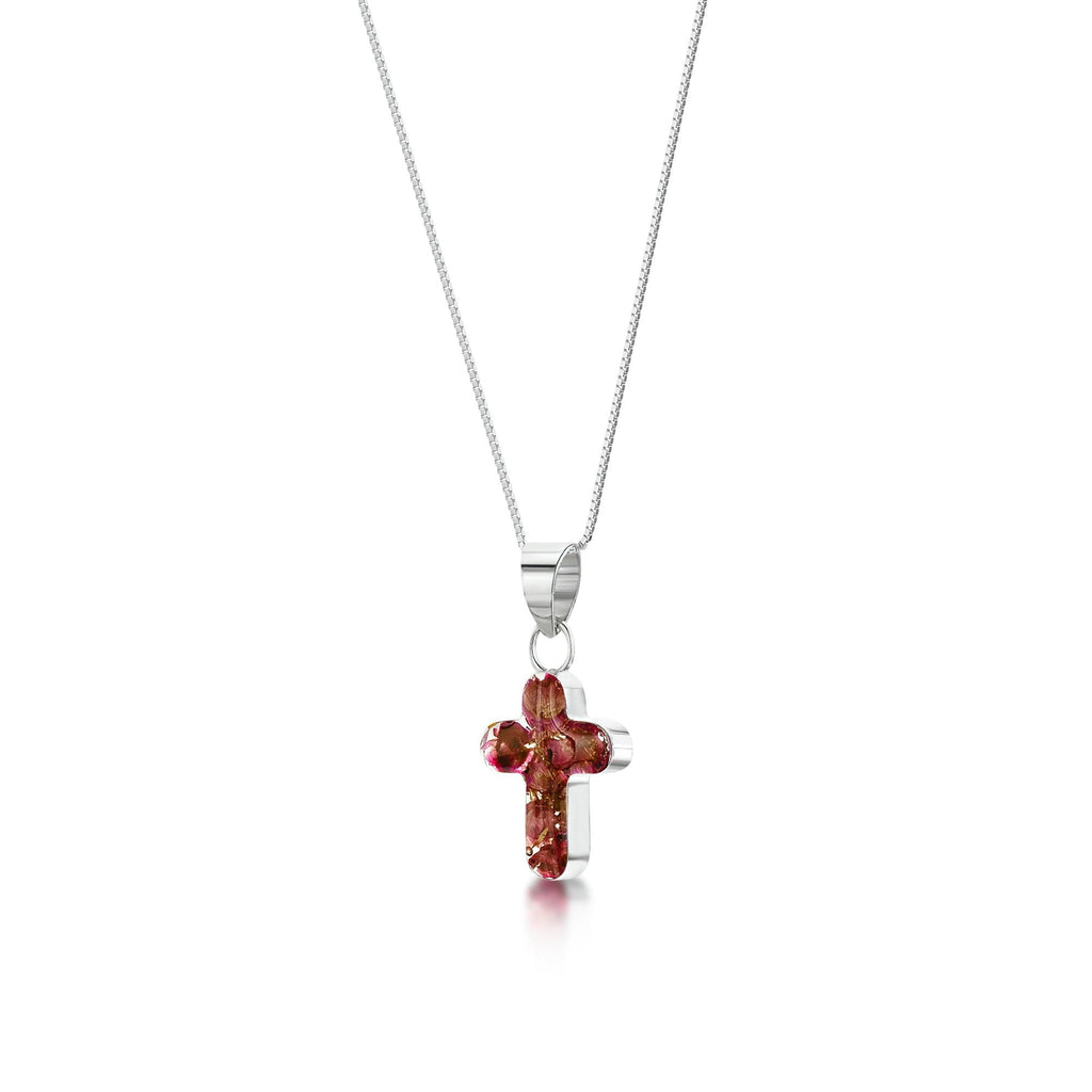 Small Cross Heather Sterling Silver Necklace - Handcrafted Real Flower Pendant