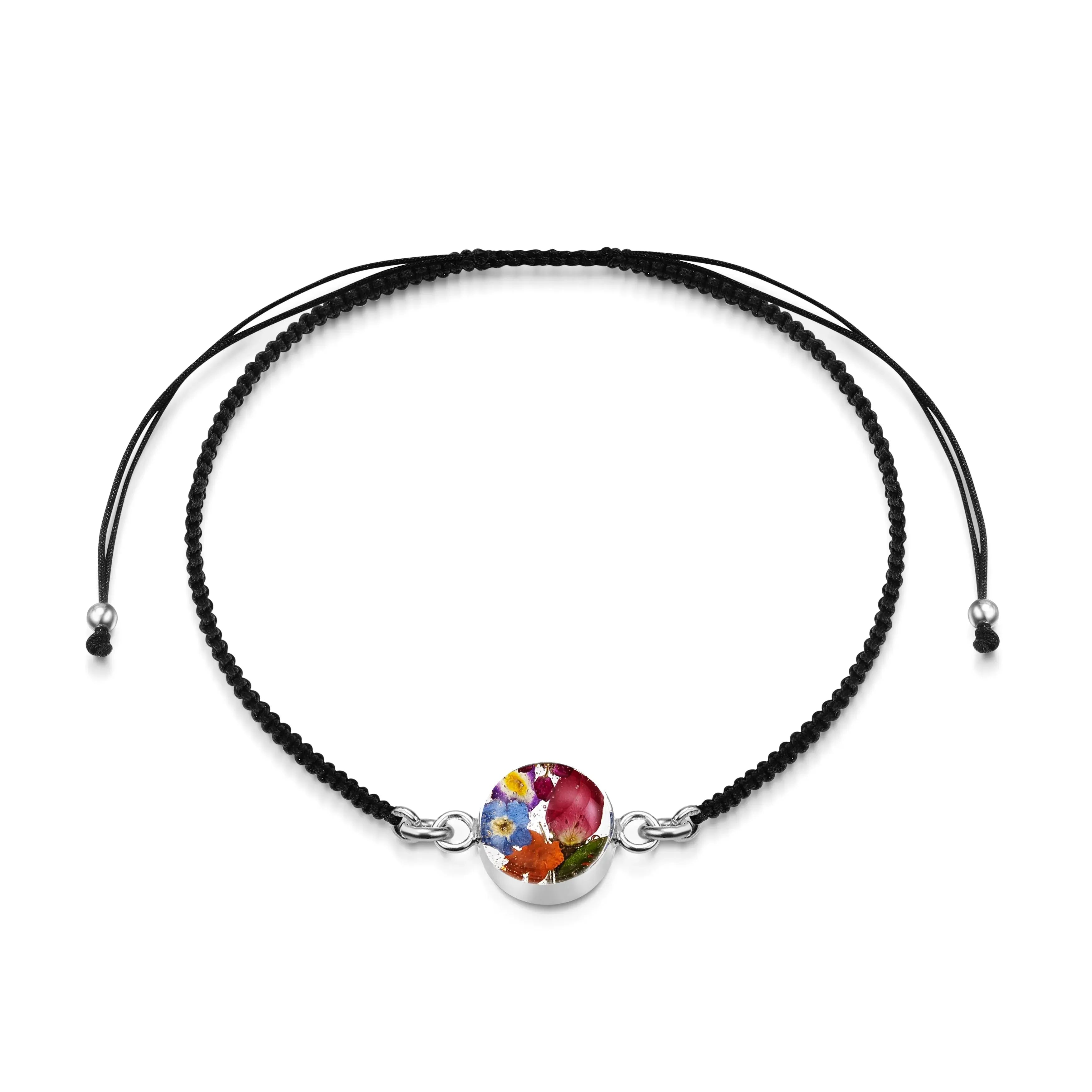 Bracciale intrecciato nero in argento sterling con ciondolo a fiore - Fiore misto - Rotondo