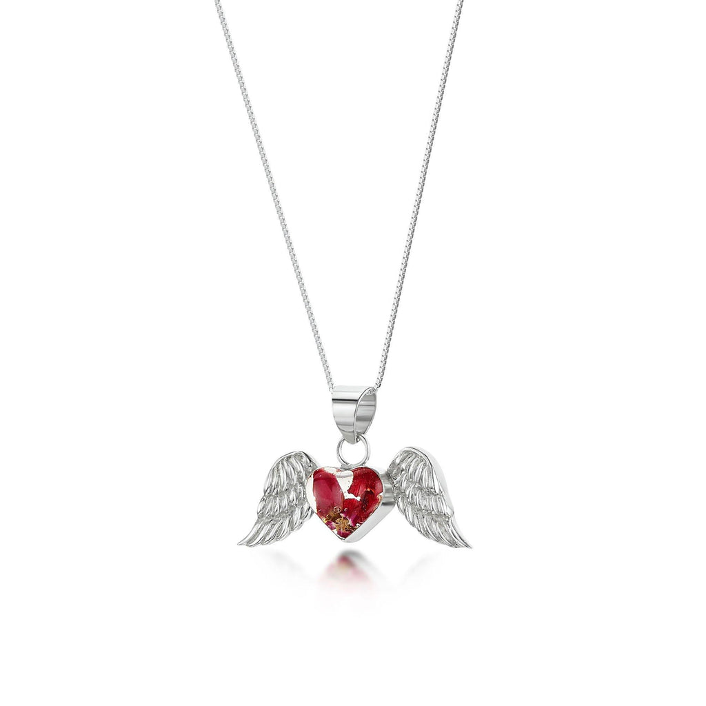 Angel wings necklace by Shrieking Violet® Sterling silver pendant with real flowers - Poppy & Rose - Stylish gift or keepsake.
