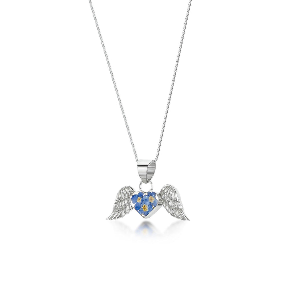 Angel wings necklace by Shrieking Violet® Sterling silver pendant with real forget me not flowers. Stylish gift or keepsake.