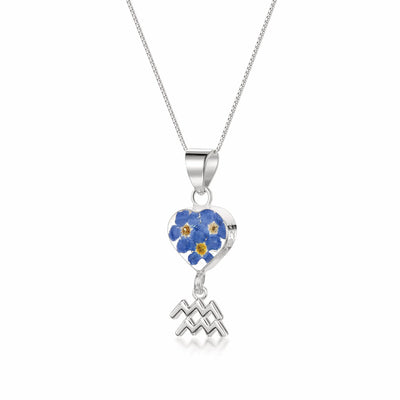 Aquarius Necklace - Sterling silver pendant with real flowers & a zodiac charm. More Options...