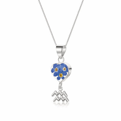 Aquarius Necklace - Sterling silver pendant with real flowers & a zodiac charm. More Options...