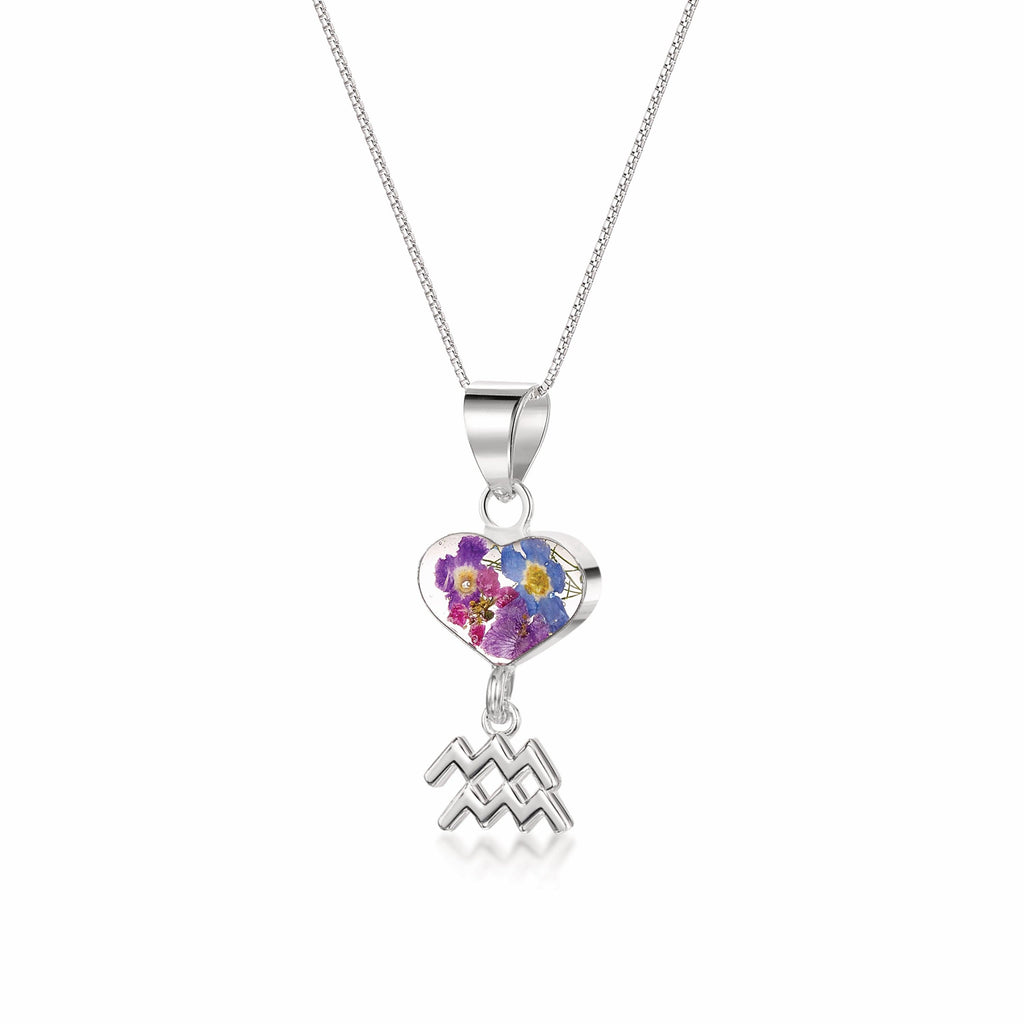 Aquarius Necklace - Sterling silver pendant with real flowers & a zodiac charm. More Options...