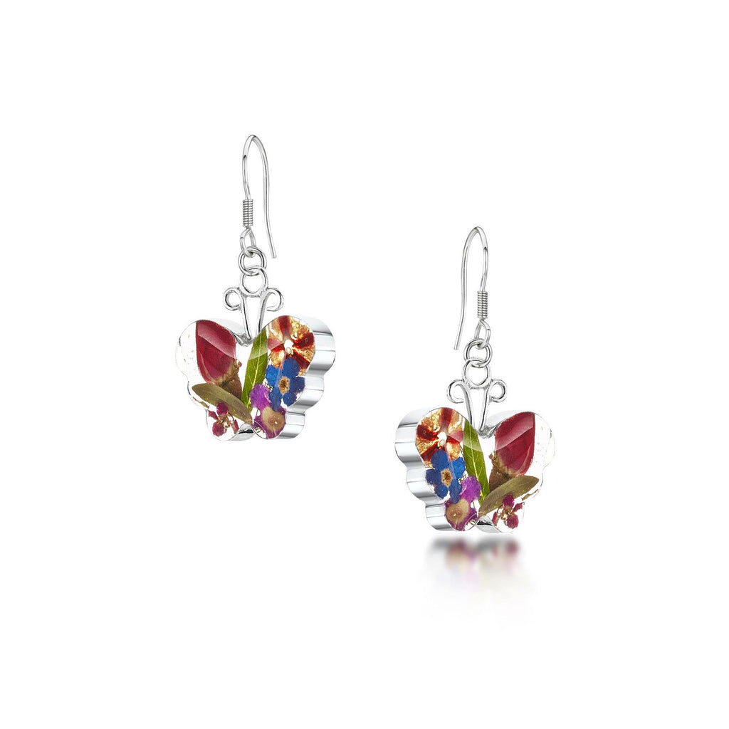 Butterfly earrings by Shrieking Violet® Sterling silver dangle drop earrings with real flowers. Ideal jewellery gift for butterfly lover.