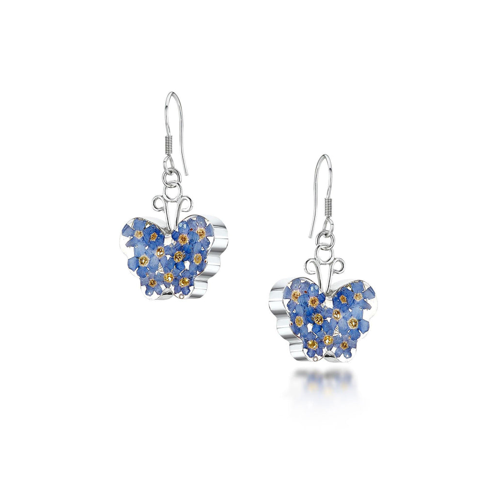Butterfly earrings by Shrieking Violet® Sterling silver dangle drop earrings with real forget-me-not flowers. Ideal jewellery for butterfly lover