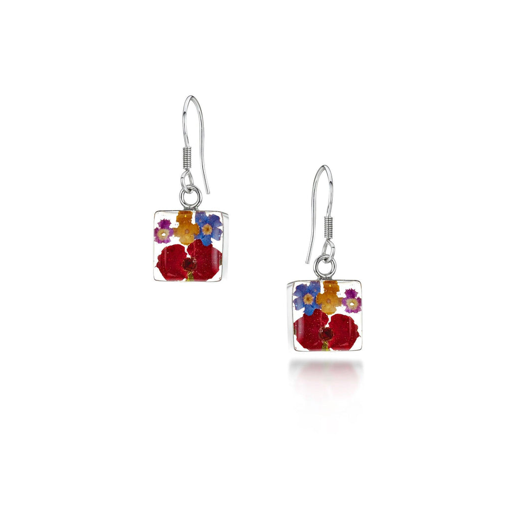 Drop earrings with real flowers by Shrieking Violet® Sterling silver square dangle earrings handmade with real flowers. Natural floral jewellery