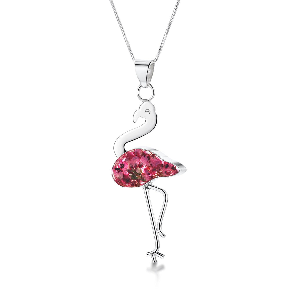 Flamingo necklace by Shrieking Violet® Sterling silver pendant with pink heather. Handmade jewellery with real flowers