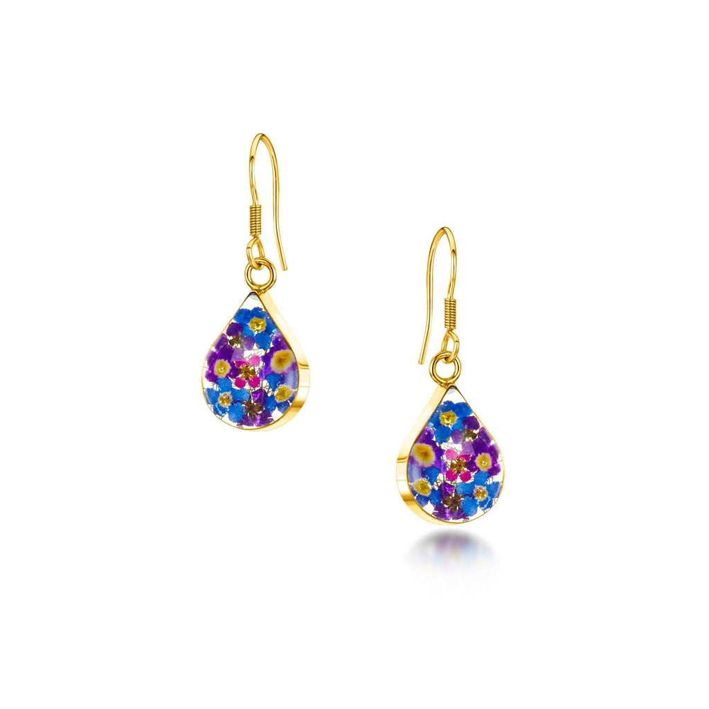 Flower earrings by Shrieking Violet® Gold-plated sterling silver teardrop earrings with real flowers. Thoughtful jewellery gift for a special lady
