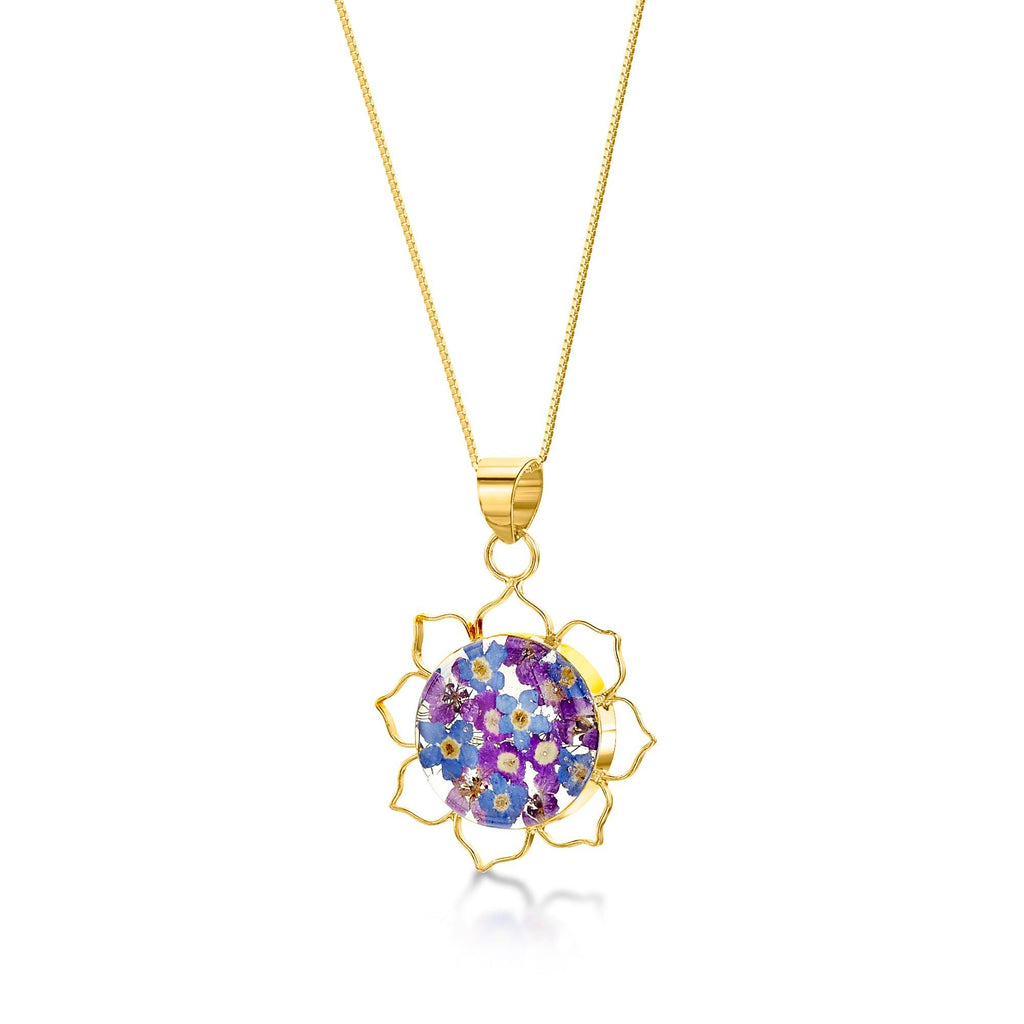 Flower jewellery by Shrieking Violet® Gold-plated sterling silver lotus flower pendant necklace with real flowers. Gift ideas for girlfriend or wife